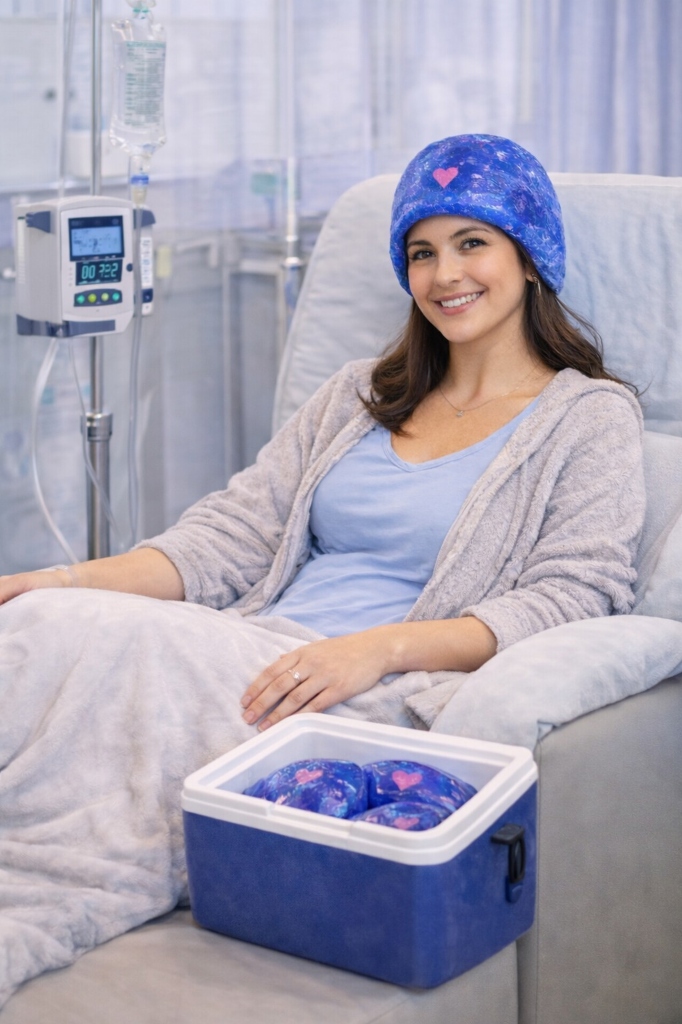 Mujer sonriendo usando gorro de enfriamiento capilar para quimioterapia - Oncogorro